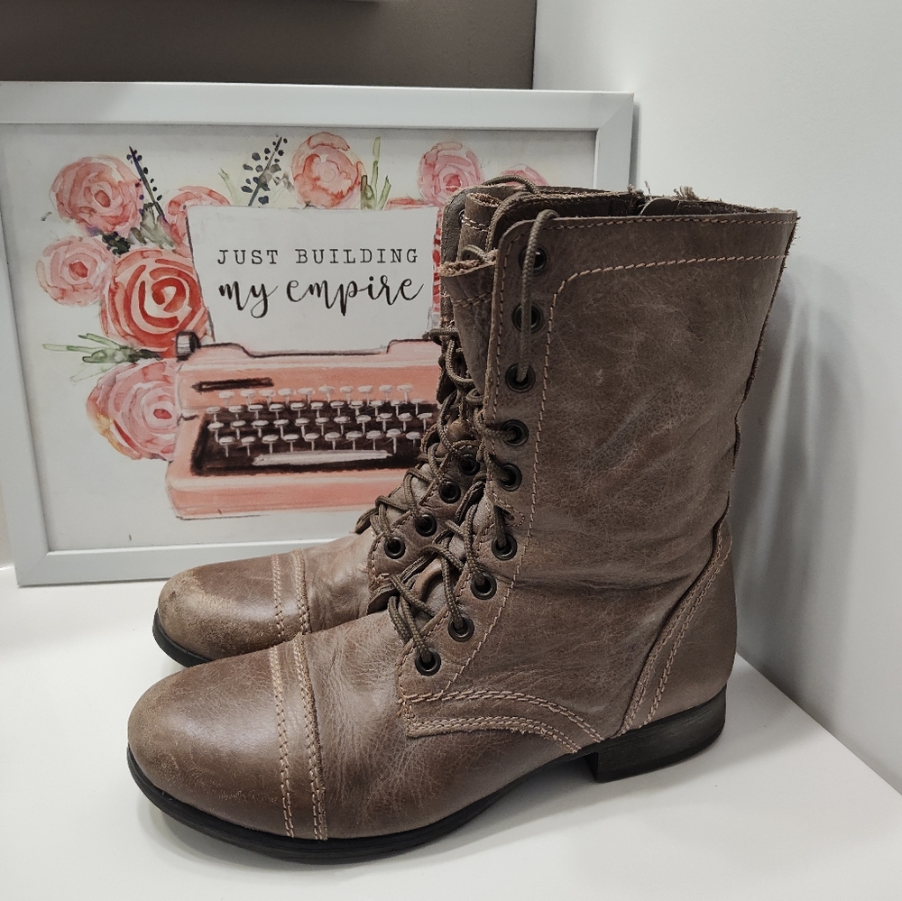 🤎 Vintage Steve Madden TROOPA Moto Inspired Lace Up Combat Mid Calf Boots, 7.5
